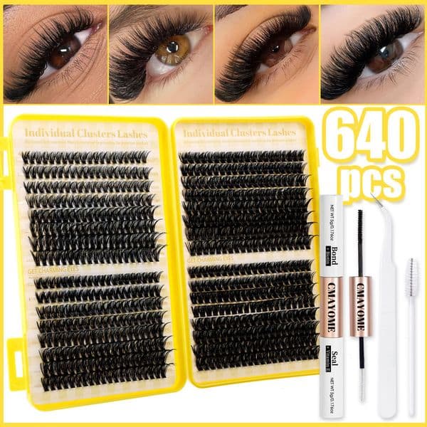 DIY Eyelash Extension Kit with Lash Bond and Seal Easy to Apply Fluffy Wispy Lash Clusters D Curled Handmade Reusable Lashes Natural Look Thick Individual Eyelashes