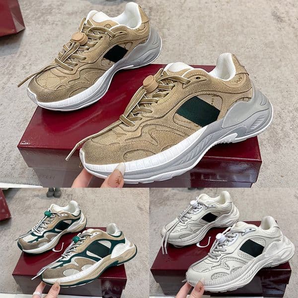 Womens Mens Rhyton Sneakers Luxury Ladies Chunky Sneakers Designer Vintage Canvas Dad Shoes Brown Washed Effect Suede Canvas EVA TPU Stability Sole System Size 35 46