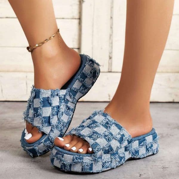 designer sandals slippers Washed Denim Thick-Soled Geometric Pattern Jacquard Plaid Women Slippers