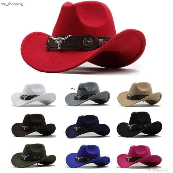 Western Cowboy 3 Sizes Black Woolen Jazz Top Men Ethnic Style Cow Head Ribbon Felt Cap Women Children Riding Fedora Hat