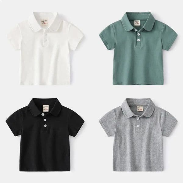 k1481 Boys Cotton Polo Shirts Children Kids Girl T shirt Summer Baby Short Sleeve T-Shirt Basic Style White Solid Color Tops