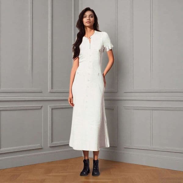 S brand's new short-sleeved knitted dress with round neck, single-breasted buttons, hollow-out S6 design, waist-cinching and slimming effect