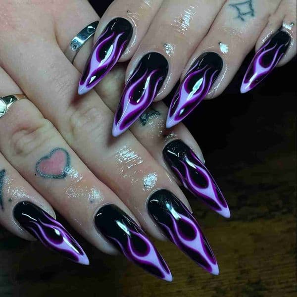 Fake Nail Tips Long Dark Night Flame PurpleBlack Gradient Pointed Wearable Nails with Detachable Nail Stickers