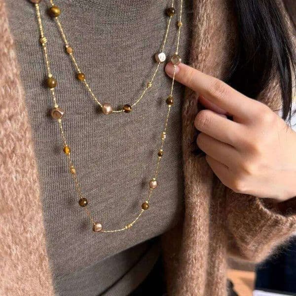 Autumn and Winter Tiger Eye Stone Pearl Beads Long Sweater Chain For Women's Popular Necklace 2026 New Jewelry Accessories