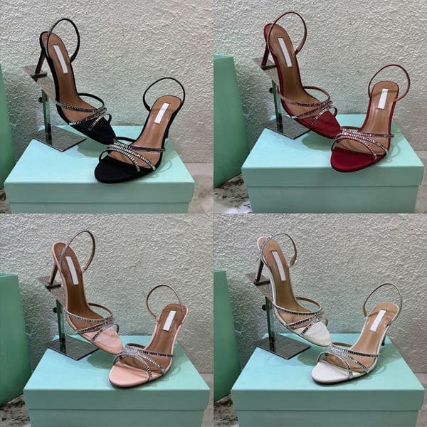 Women Designer Memoire 85 Sandals 10A Crystal Shoes Grosgrain Halter Elastic Slingback High Heels Party Dress 1070