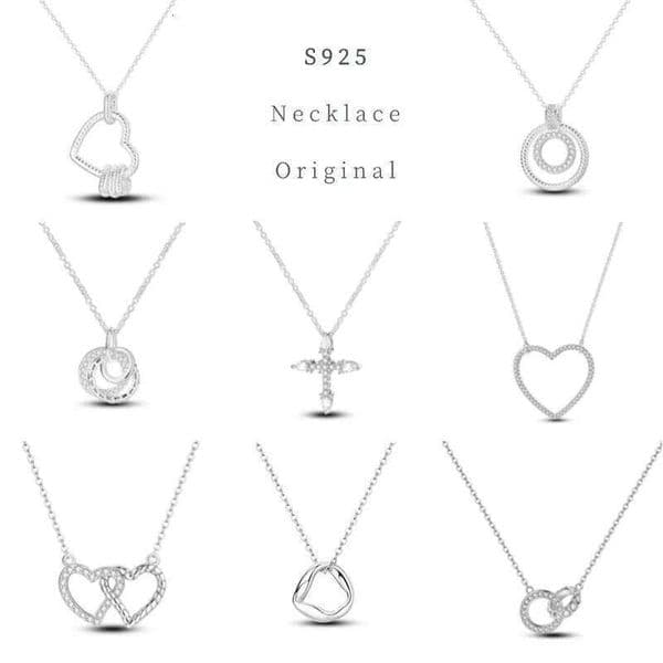 Shine Zircon Heart Necklace 925 Silver Original Cross Circle Chain Link For Women Wedding Anniversary Jewelry Party Fine GIft