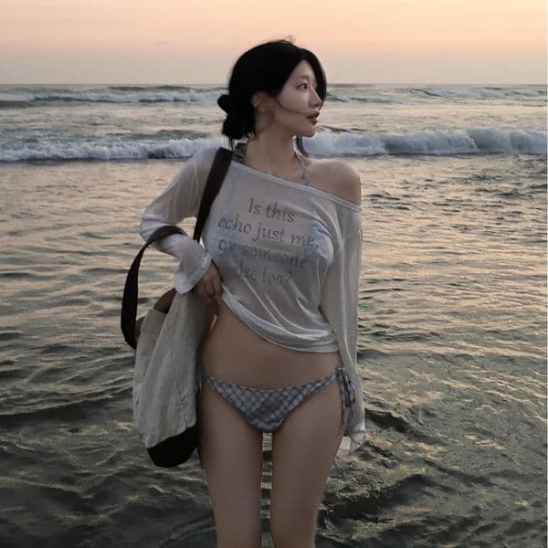 2026 New Two-Piece Swimsuit for Women, Sweet Plaid Three-Piece Set with Long Sleeve Cover-Up, Beach Vacation Swimwear