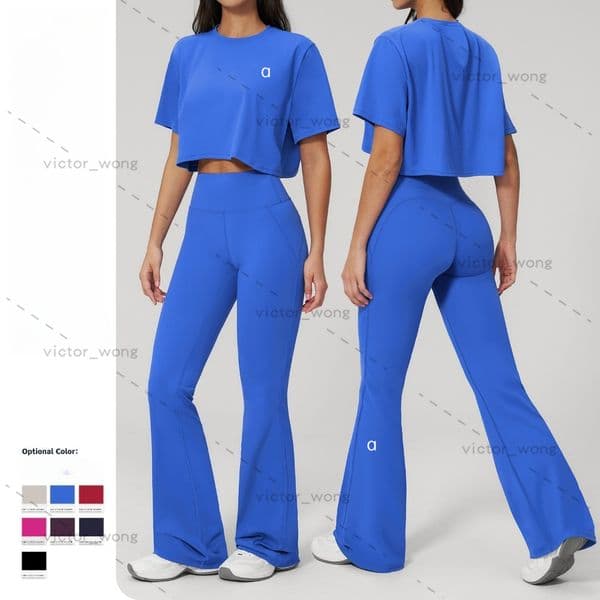 Designer Women's Blue 2-Piece Yoga Set: Cropped Short Sleeve T-Shirt + High Waist Flared Yoga Pants Gym Tracksuit 3091