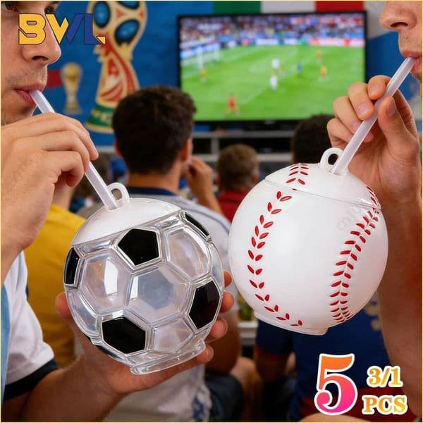 1-5PCS Plastic with Straw Cartoon Juice Milk Tea Football Baseball Party Water Drink Cup for Adults Fun Decor