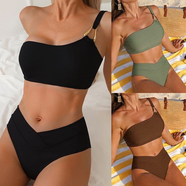 2026 New Solid Color One-Shoulder Low-Waist Sexy Bikini Two-Piece Swimsuit for Women