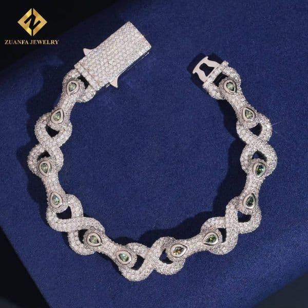 Factory Direct Hip Hop Jewelry 13mm Iced Out Men Blue Green VVS Moissanite Diamond Infinity Cuban Bracelet