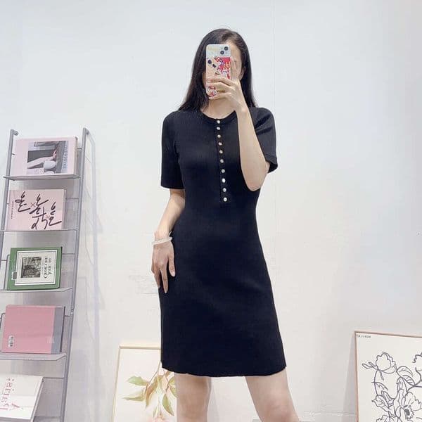 French clothing 2026 autumn new designer elegant slim fit long skirt women's e22 short sleeved round neck knitted black dress