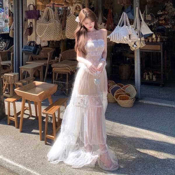 2026 designer high-end shiny lace jacquard patchwork long off shoulder sheer elegant holiday fairy dress