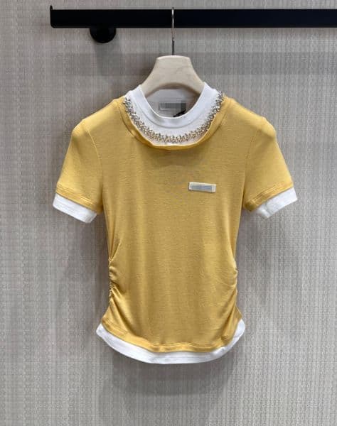 26 Women's T-shirt Micro Label Diamond Collar Fake Two Piece Slim fit Short sleeved T-shirt F ake Two Piece Stacking Feeling 414