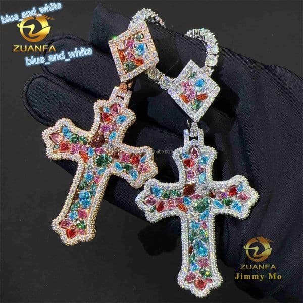 New Trendy Men Rapper Luxury Iced Out Hip Hop Iced Out Jewelry 925 Silver Pear Multi Color Moissanite Diamond Cross Pendant