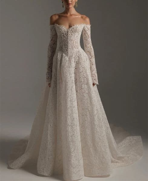 Elegant Civil Lace Wedding Dresses 2026 Off the Shoulder Pealrs Beads Long Sleeve A-line Bride Bridal Party Dress Gowns Vestidos De Novia