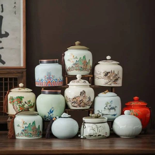 Bestseller Vintage Mountain Scenery Pattern Tea Caddy Moisture Seal Nut Candy Jar Ink Ceramic Storage Bottle Art Decoration Ddmytues