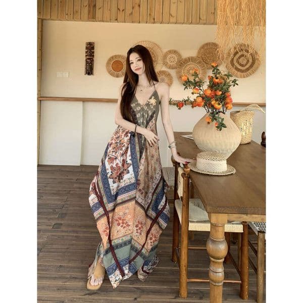 Designer Bohemian printed vest dress for women's loose casual vacation long dress, suitable for beach and seaside