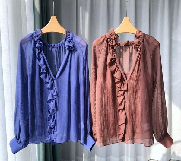 Spring Summer Blue Solid Color 100% Silk Ruffle Blouse Shirt Long Sleeve V Neck Panelled Pullover Style Top Shirts H6A17 Check Size Chart Please