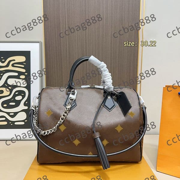 Women Designer Brown M12243 Old Flower Soft 30 Boho Toron Handle Tote Pillow Shoulder Bag Duffel Handbag Gold Zipper Outdoor Sport Luggage 30X22CM