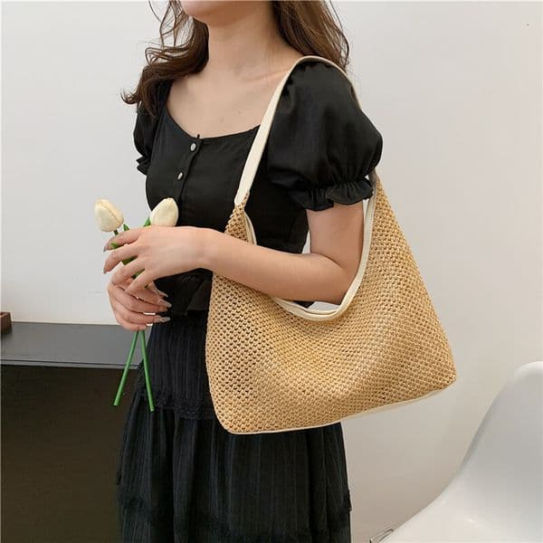 new retro woven handbag straw bag large capacity armpit bag shoulder bag vacation style women s beach bag