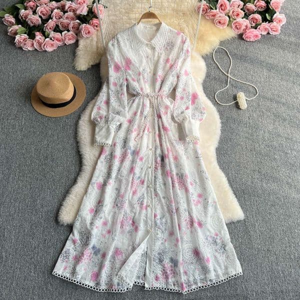 Designer French Sweet Lace FC Floral Women's Lantern Sleeves Spring and Autumn Single breasted Waist Elegant Long Dress