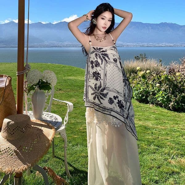 2026 heavy bead print design long skirt summer vacation style loose silk scarf elegant dress