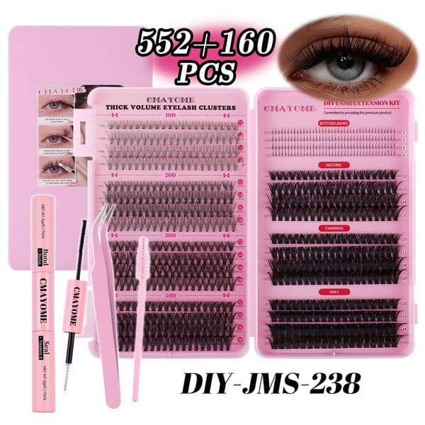 712Pcs DIY Cluster Lashes Kit with Lash Bond and Seal Strong Hold Thick Fluffy DIY Eyelash Extensions Soft Lightweight Easy to Apply Reusable False Eyelashes