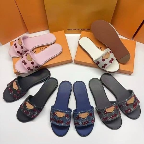 Voittun Designer Shoes Women's Cherry Print Denim Slide Sandals, Luxury Style Flat Open-Toe Slip-On Slippers, Casual Summer Beach Slides with Metal Logo Gift Size 35-42