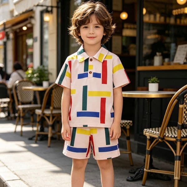 Toddler Boys Summer 2PCS Outfit Geometric Print Short Sleeve Shirt & Shorts Casual Kids Clothing Set
