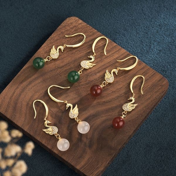 24k goldplated copper palace style long swan earrings inlaid chalcedony color crystal jewelry for women