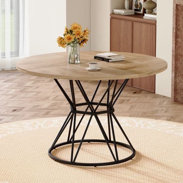Contemporary Industrial Style Circular Dining Table With Dia 47.3 Inches Featuring 4 Walnut Wood Grain Mdf Tabletops Black Hourglass Shaped Modern Dining Table
