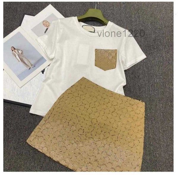 Spring Summer new women designer shinny bling rhinestone letter jacquard short sleeve tee and skirt twinset 2 pc dress suit SML