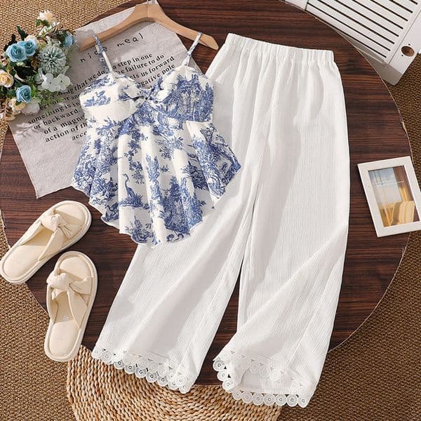 Girls' Set Spring/Summer New Style French Printed Irregular Bottom Small Strap Lace Wide Leg Pants Two Piece Set