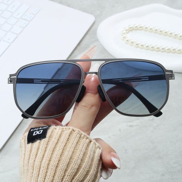 Gun Gray Metal Frame Aviator Sunglasses Gradient Blue Polarized Lens Men's Business Driving Sunglasses UV Protection HD Glasses