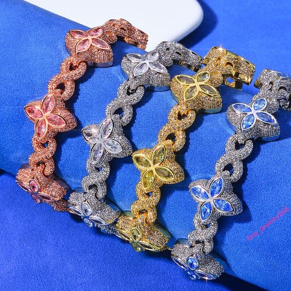 Wholesale Clover S925 Silver Moissanite Hip-Hop Fashion Bracelet for Men Colorful Cross-Border Design