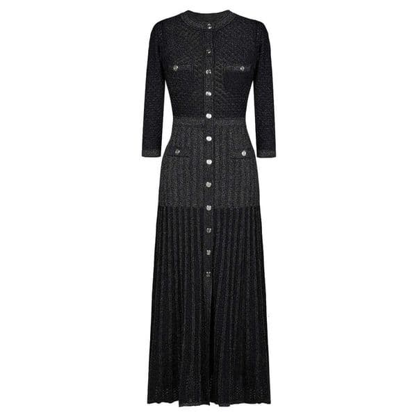 Designer's high-quality European and American round neck long dress for spring and autumn, new knitted slim A1 fit quarter sleeve dress