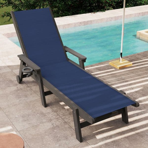 Lounge Chair Outdoor Hdpe Chaise Lounge Outdoor With Wheels Patio Lounge Chair Adjustable 5 Position Recliner For Patio Poolside Yard Navy Blue
