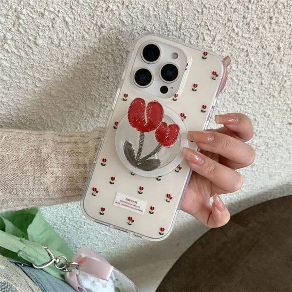Korean Cute Cartoon Flower Magsafe Magnetic Phone Holder Grip Tok Stand for IPhone 17 Samsung S25 Wireless Charging Case ddmythur