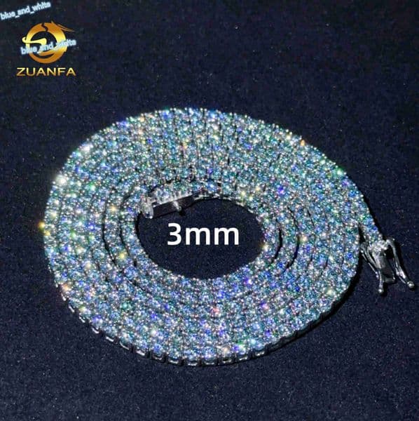 New Color Mens Tennis Chain Hip Hop 925 Silver Iced Out 3mm Blue Green VVS Moissanite Diamond Custom Tennis Link Chain