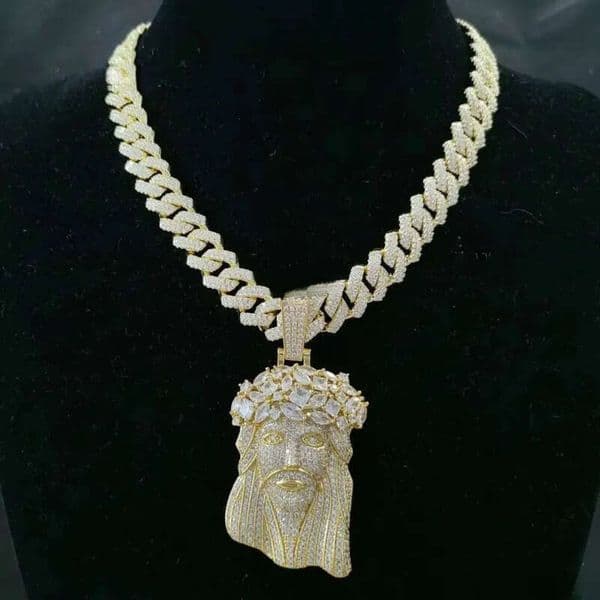 Iced Out Big Size Gold Plated Brass 5A CZ Dia Jesus Head Pendant Necklace With 13mm Cuban Link Chain for Men aaa