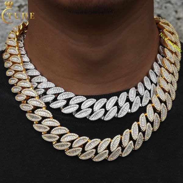 Cubana Hip Hop Jewelry Mens 20mm 925 Sterling Silver VVS Baguette Moissanite Diamond Iced Out Leaf Cuban Link Chain Necklace
