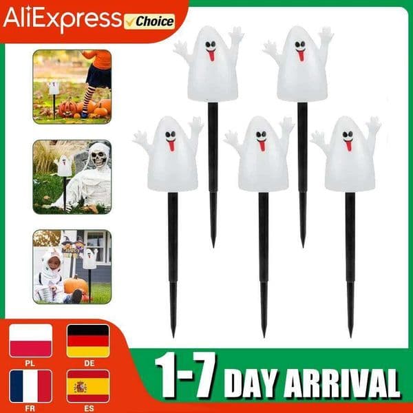 New 5PCS in 1 String Light Solar Halloween LED Waterproof Ghost Stake Lights for Outdoor Pathway Yard Garden Decoration
