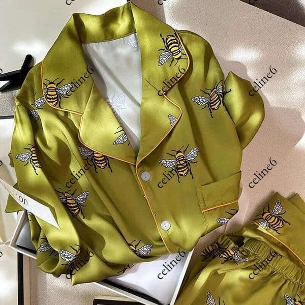 Womens Pajama Set Spring Autumn 2 Piece Bee Print Pyjama Pocket Faux Silk Satin Sleepwear Long Sleeve Pijama Mujer Pjs Homewear 240930