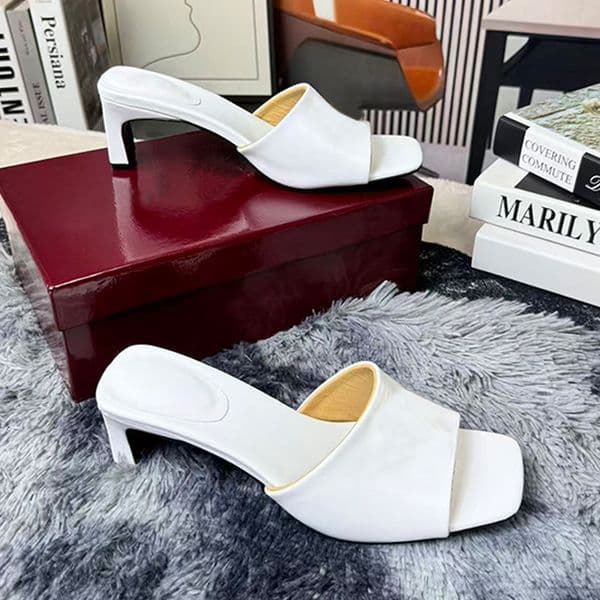 Womens Slide Sandal With Double Designer White Double Metal Buckle Slide Sandals Elegant Square Toe High Heel Slippers For Summer Leather Sole Size 35 41