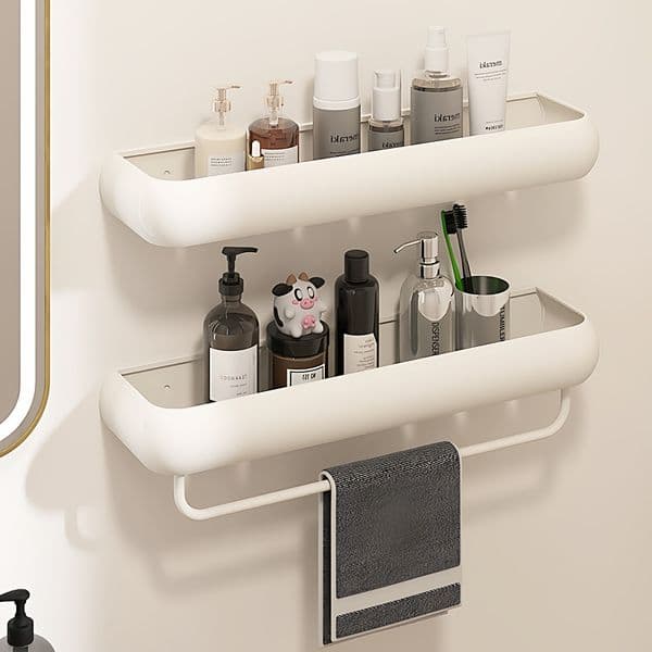 Milky White Wall Mounted Bathroom Shelf, No-Drill Space Aluminum Shower Organizer, Rounded Edge Storage Rack with Towel Bar