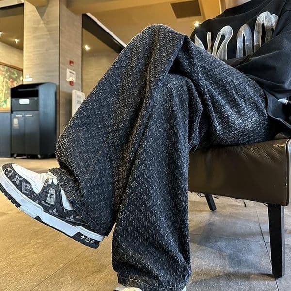 Retro Jacquard Designer Jeans Luxury Men's American Retro Pendant Loose Wide Leg Straight Tube Elder Money Style Street Trend Essential Skateboarding Sports Pants