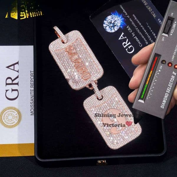 Trendy Custom Tap Hip Hop Jewelry Iced Out Sterling Sier Moissanite Dog Tag Pendant All pendants come with a 3mm braided chain