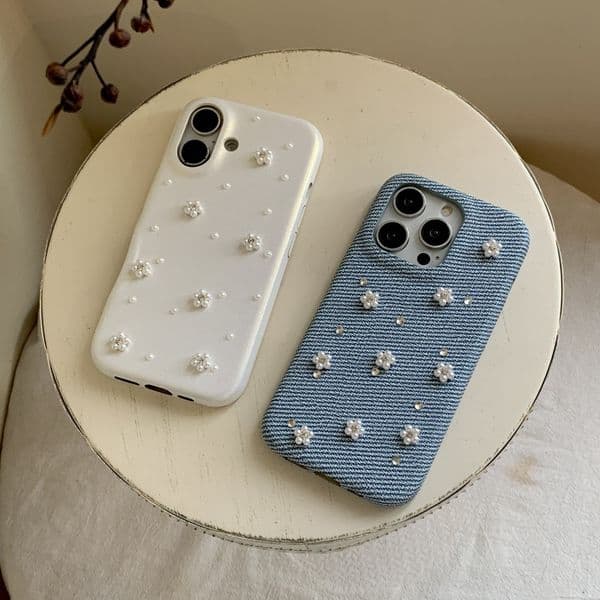 Phone case Pearl Heart Bow Case Suitable for iPhone 17/16/15P Simple Solid Color 14/13 Cartoon