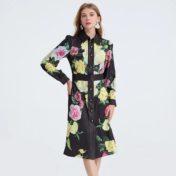 Casual Dresses New Spring Summer Runway Gorgeous Flower Print Midi Dress Women's Lapel Long Sleeve Floral Print Buttons Up Boho Robe Vestidos 2026